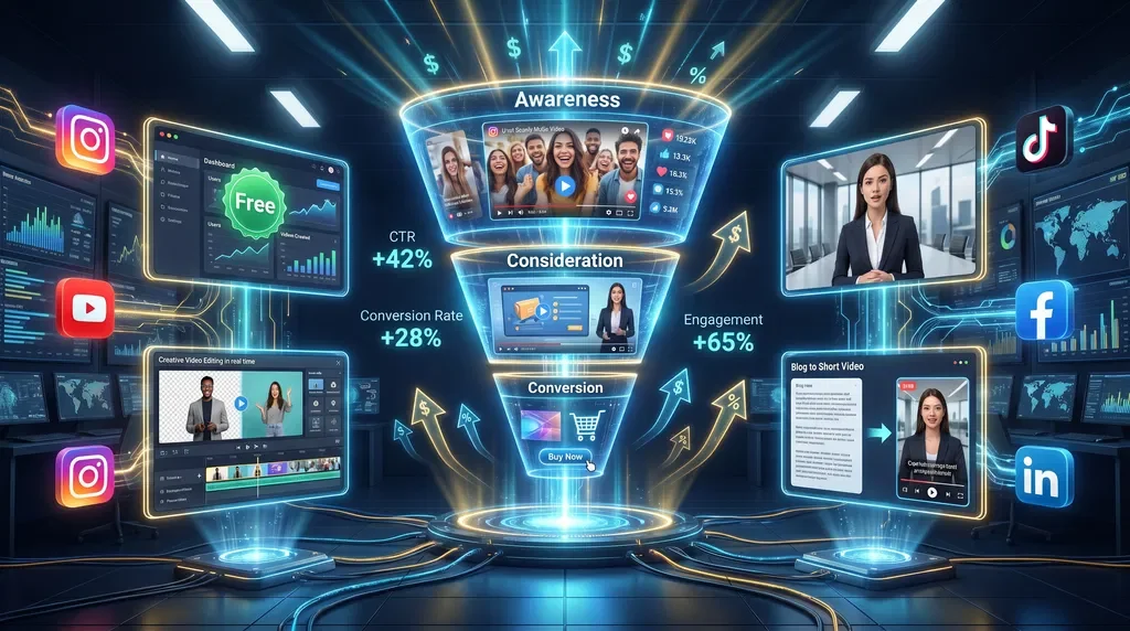 Best AI Video Tools for Marketing in 2026 — AI marketing funnel with Awareness, Consideration, Conversion stages, social platform icons, and AI video tool UIs