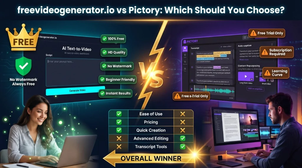 Van Gogh Studio vs Pictory comparison, split layout with feature table: ease of use and free tier vs Pictory subscription and transcript tools