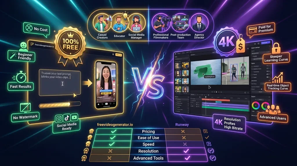 Comparison infographic: Van Gogh Studio vs Runway AI video tools — pricing, ease of use, speed, resolution, and advanced tools