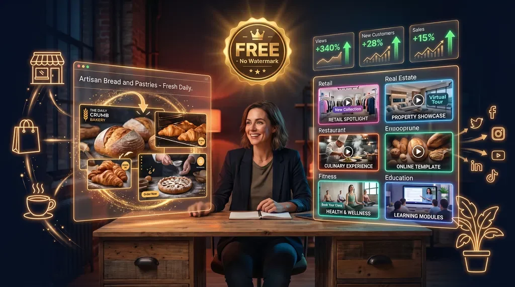 Small business owner at a desk with holographic AI video marketing dashboards, industry video templates, growth metrics, and a free no-watermark badge — best AI video tools for small businesses in 2026