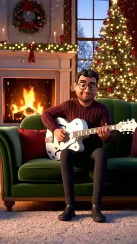 Make 30 second and 9:16 formated, a warm Disney-style animated Christmas scene inside a cozy living room. A man is sitting alone on a sofa, gently playing a white hollowbody guitar.
