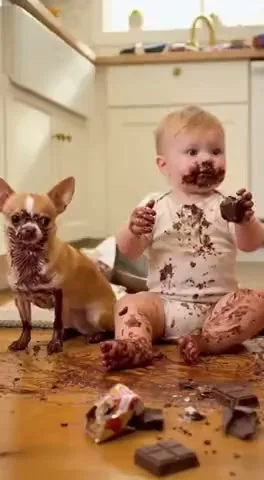 A baby and a chihuahua ate all the chocolate in the kitchen and smeared chocolate everywhere — on themselves and all around. Their mom walks in and asks who did it?