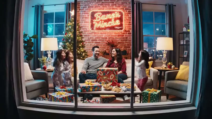 The camera, fixed in place, looks through an apartment window. Three children run around the living room. Ten gift boxes are scattered on the floor.